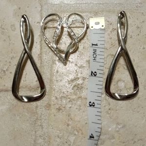 Ribbon heart silver brooch with earrings